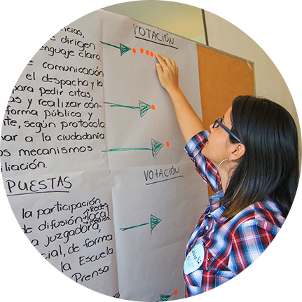 Mujer escribe en un cartel, que está pegado en una pizarra 